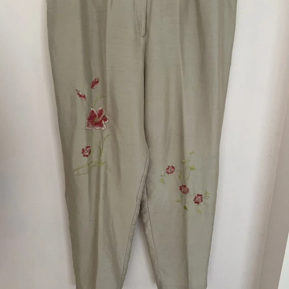 I.S.C. 100% Silk Tunic & Embroidered Pant Set Women's Large Beige Floral Luxury